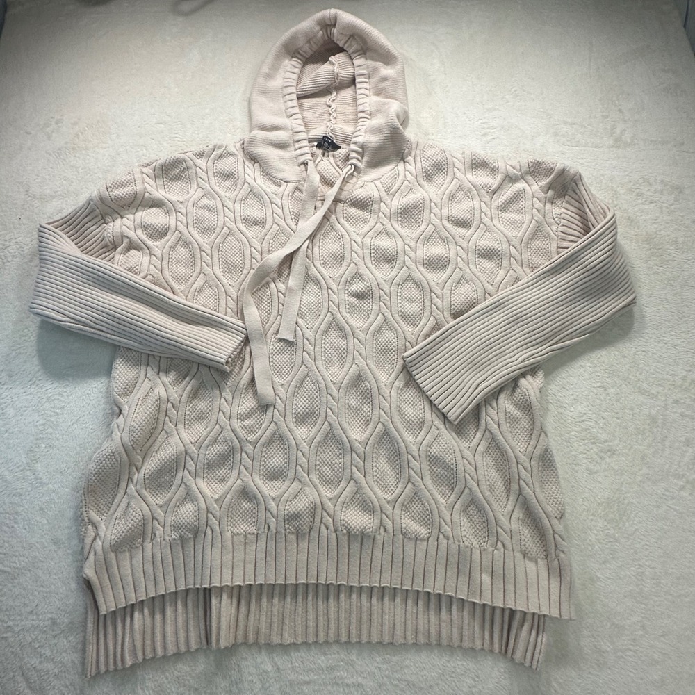 Fate Cream Cable Knit Hooded Sweater Womens 2XL Beige Ribbed Pullover Hoodie